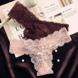 High -end European and American new eyelashes double V wafer T -shaped thong sexy low waist pants women's shorts lace mesh