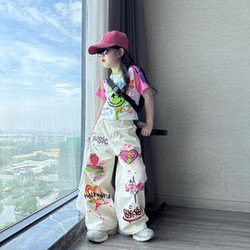 Girls' Summer Short-Sleeved Suit, Big Kids' Jazz Dance Wide-Leg Pants, 9-Year-Old Girls' Thin T-Shirt, Pure Cotton