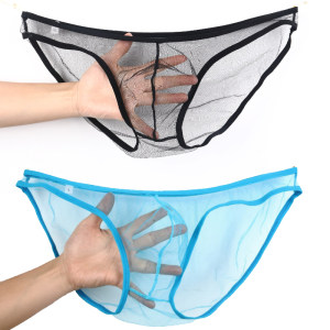 Men are not afraid of stuffy sexy underwear, transparent and breathable net yarn bag low -waist elastic triangle see -through pants head summer