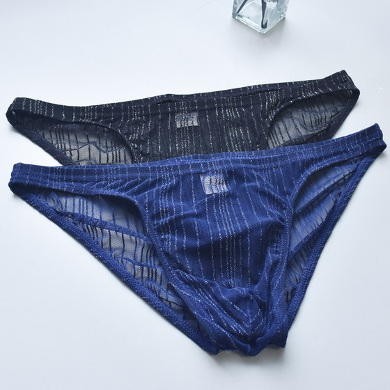 Men's briefs beauty line sexy U convex large pouch breathable mesh transparent hollow see-through thin shorts