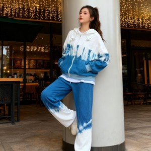 
Tie-dye hooded jacket, wide-leg pants, two-piece set for women, 2025 new autumn style loose sweatshirt, sports and leisure suit for women