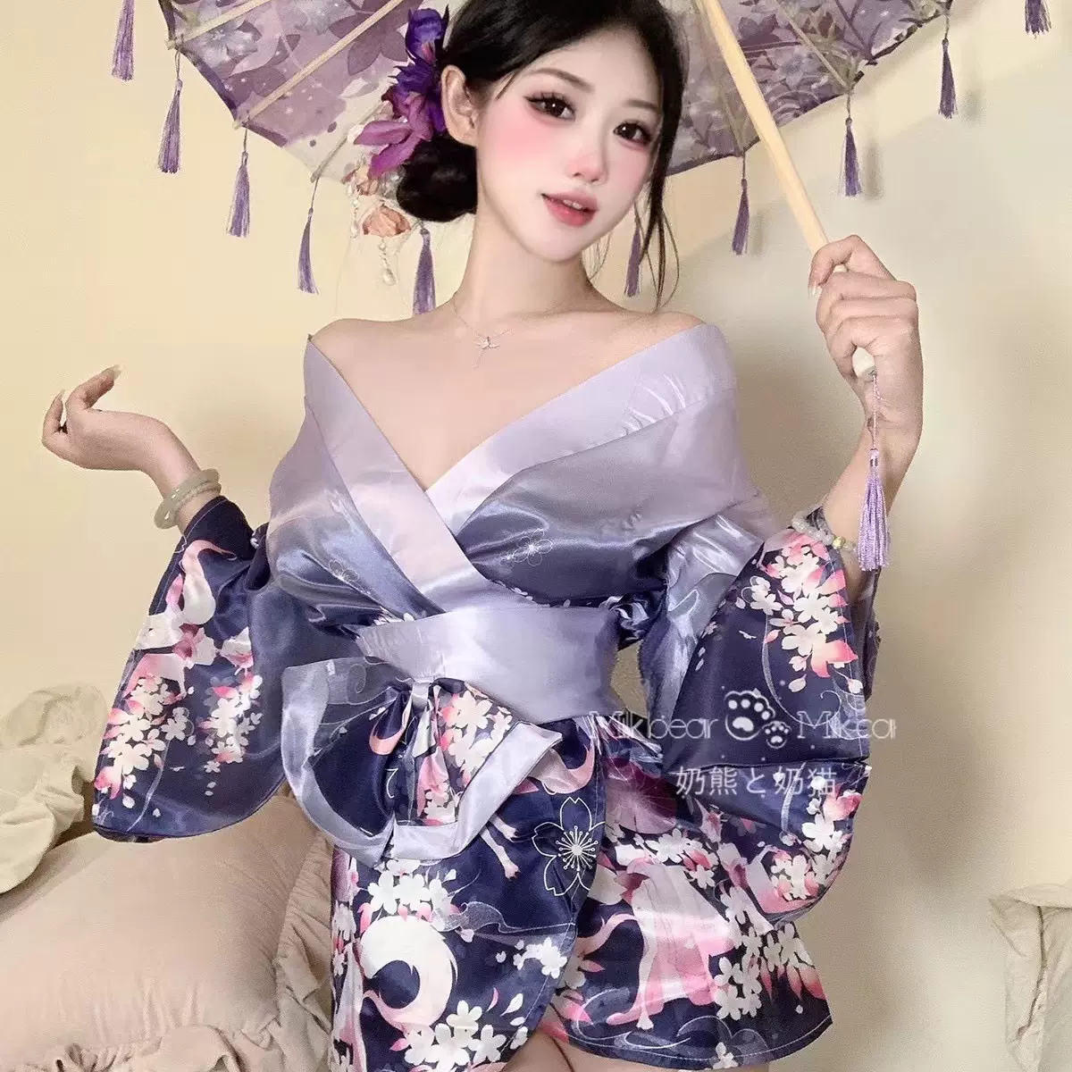 日系和服性感深v花间狐梦二次元开襟装复古印花浴袍夫妻情趣睡衣