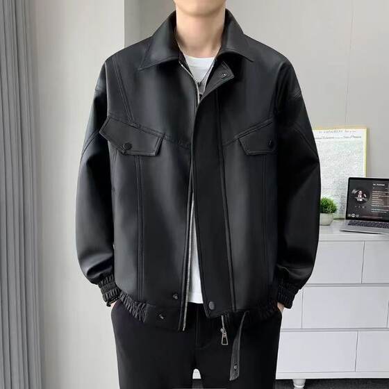 Spring and Autumn Men's Lapel Leather Clothes American Trendy Brand PU Jacket Loose Casual Lottery Lottery Lottery Student Jacket Men's Student Jacket