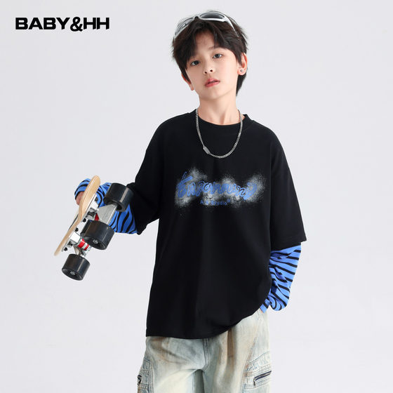 
Boys spring and autumn trendy brand fake two-piece striped long-sleeved T-shirt 2026 new spring sports tops for teenagers and children