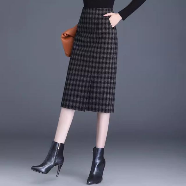 Wool plaid skirt for women in autumn and winter new elastic high waist hip skirt mid-length straight slit one-step skirt