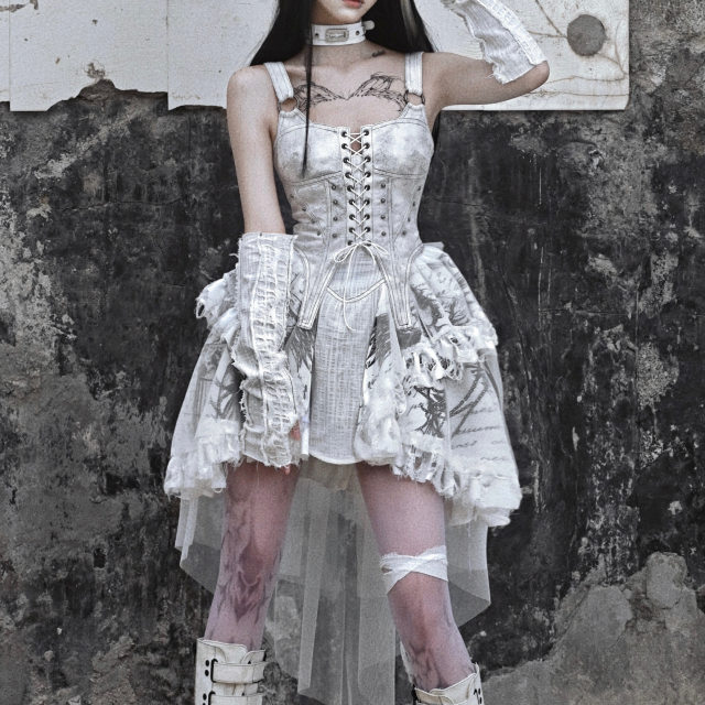 Blood Supply Original Madhouse Distressed Suede Subculture Punk Trailing Printed Suspender Dress Halloween