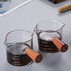 Wooden Handle Espresso Extraction Cup with Graduated Glass Ounce Cup, Small Milk Shot Liquid Measuring Cup, Stainless Steel