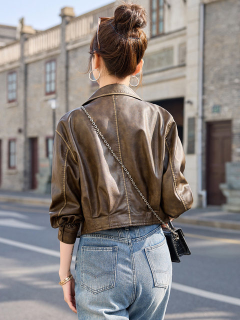 This year's popular coffee -colored leather jacket outer set female ...