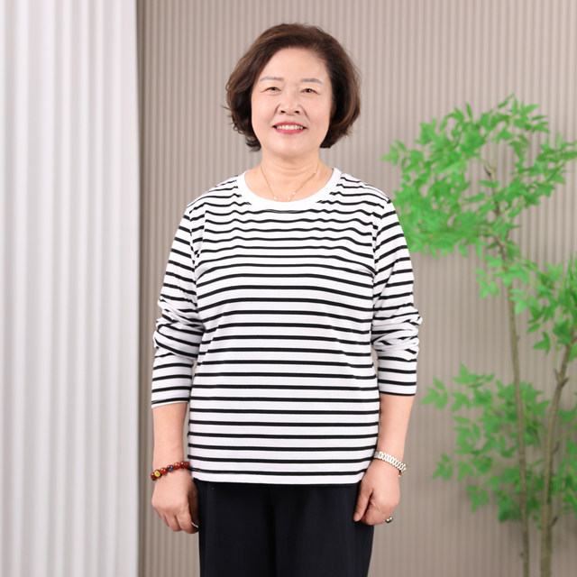 Grandma autumn long-sleeved T-shirt lycra cotton top women's large size middle-aged and elderly striped autumn clothes mother base shirt 60