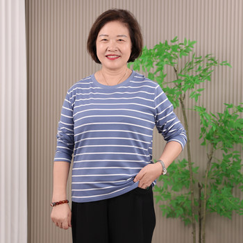 
Middle-aged and elderly pure cotton round neck top striped shirt