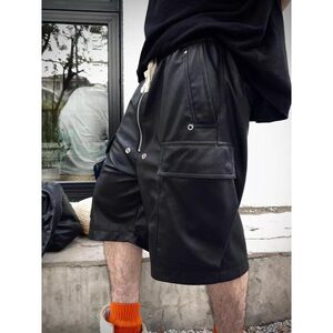 
2026RO leather wide leg mid-pants drop shorts dark style workwear multi-pocket motorcycle boy leather pants five-quarter pants