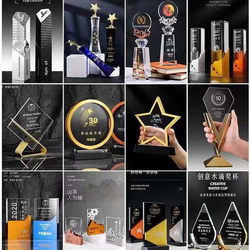 Crystal Metal Trophy Medal Gold Silver Bronze Competition Honor Award Plaque Enterprise Bank School Trophy Engraving