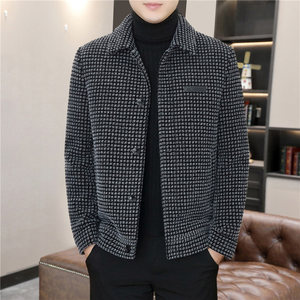 Autumn and winter new lapel woolen coat men's trend plaid jacket thickened warm short woolen coat top