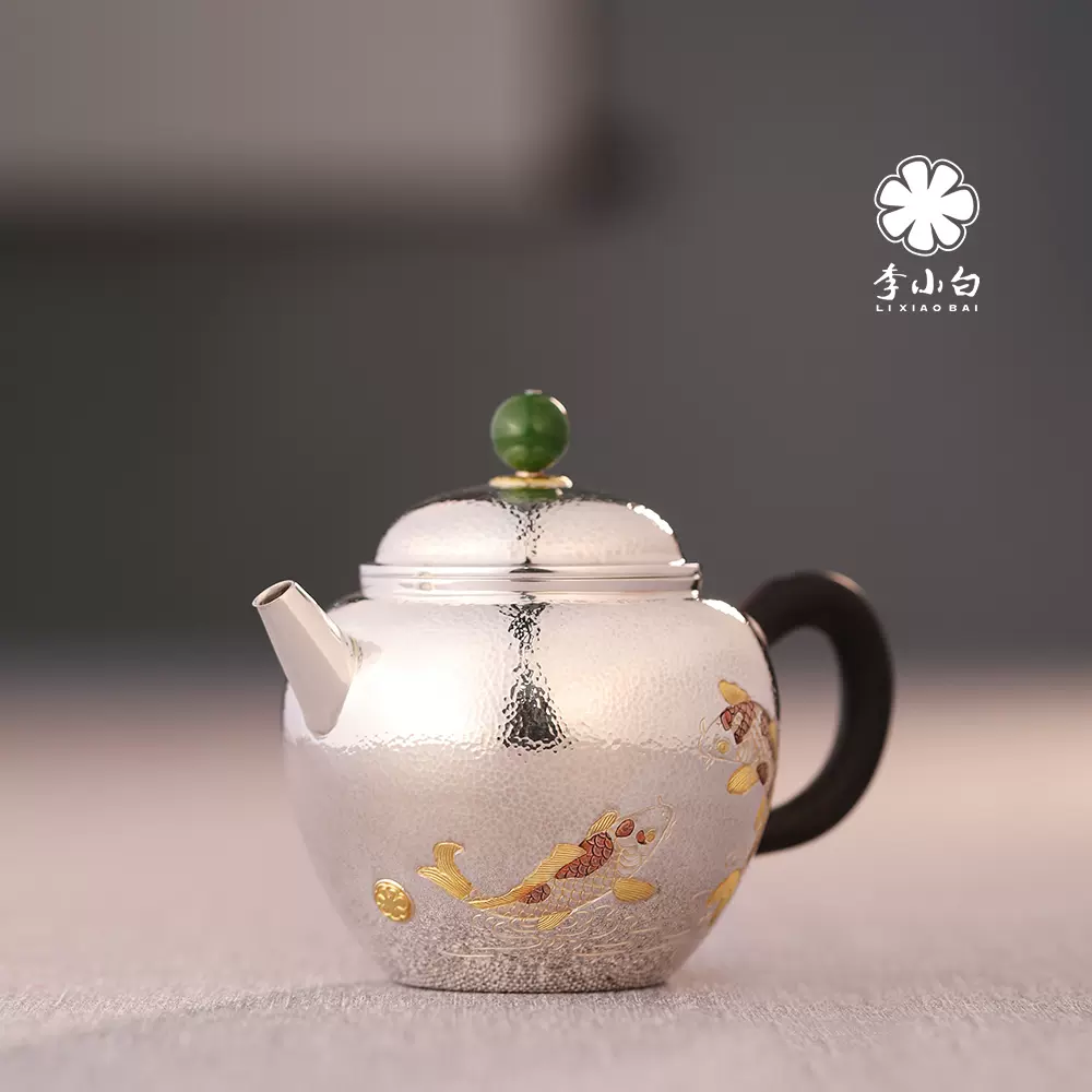 李小白银壶 纯银9999 纯手工制作泡壶 团圆 刻花鲤鱼泡茶银壶