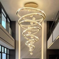 Villa Duplex Living Room Chandelier, Light Luxury Crystal Chandelier, Self-Built House with Open Staircase, Long Chandelier