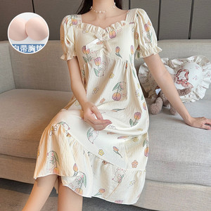 
2024 new style foam cotton nightgown with chest pad for women in summer princess style sexy and cute mid-length home clothes summer