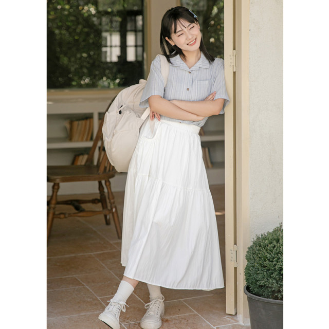 2025 summer new elastic waist versatile skirt white interfacial bag A-line skirt high-waisted slim mid-length skirt