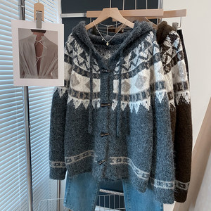 Hooded mid-length sweater thickened jacket for women 2025 autumn and winter new style knitted cardigan loose top trendy