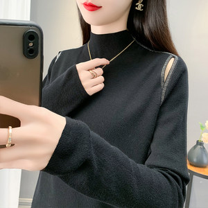 
Half-turtleneck sweater for women with hot diamond bottoming shirt 2025 autumn and winter new style off-shoulder outer knitted sweater with western style top