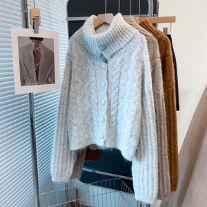 
Turtleneck sweater jacket for women 2025 autumn and winter new loose lazy style lapel top thick knitted cardigan trendy