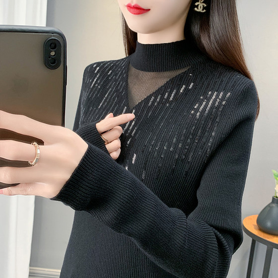 
Lace Half Turtleneck Sweater Women's Bottoming Shirt 2025 Autumn and Winter New Pullover Sequined Sweater with Western Style Top