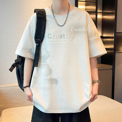 Letter Embossed Short-Sleeved Men's Summer New Trendy Brand Loose Cool Half-Sleeved Clothes for Teenagers Breathable Casual T-Shirt