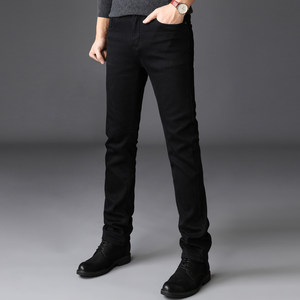 Autumn and winter business ultra-high elastic black jeans men's plus velvet slim foot long pants plus size men's thick section