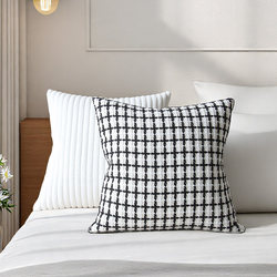 Silent Space Embroidery Grid Rabbit Fur Striped Double-Sided Throw Pillow Model Room Black and White Checkered Sofa Back Pillow Large Cushion