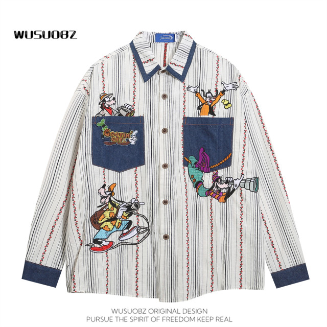 WUSUOBZ Guochao original childlike cartoon embroidered long-sleeved shirt 2024 spring and autumn loose striped shirt jacket