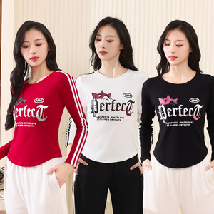 
Spring and Autumn Square Dance Clothing Round Neck Long Sleeve Top Women's Fitness Sports Clothing Thread Cotton Casual T-shirt Dance Clothing