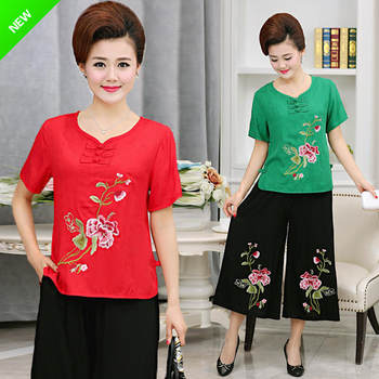 
Mom wears cotton linen short-sleeved T-shirt ethnic style