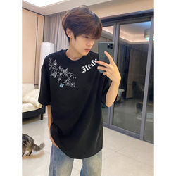 American High Street Floral Print Pure Cotton Short-Sleeve T-Shirt for Men, Summer Trendy Heavy-Duty Youth Half-Sleeve Top
