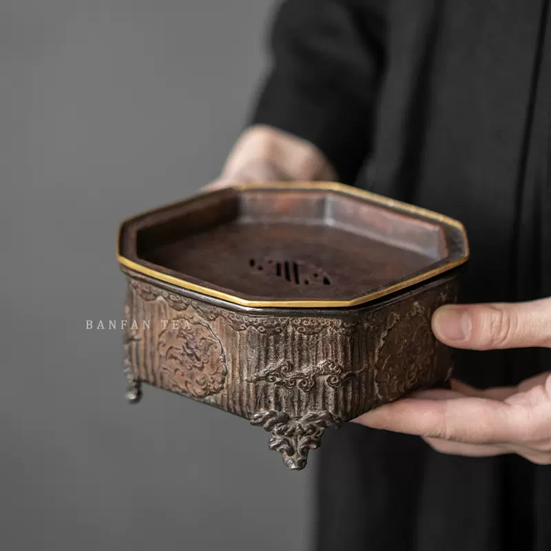 古銅 雲龍文 渡雲鑄 銘 水盤 木村渡雲 茶道具 花器台 香炉台 明治期