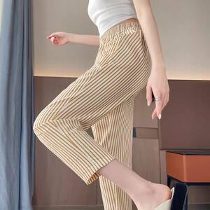
Summer thin small striped nine-point harem pants for women loose high waist casual pants ice silk 8-point sports pants