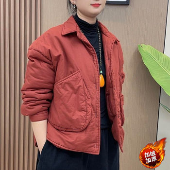 Casual large pocket lapel solid color short cotton jacket for women in winter mother versatile large size thickened thermal jacket
