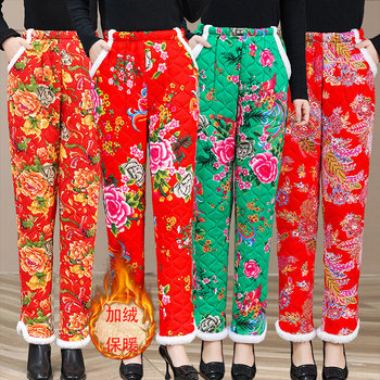 Northeast big flower cotton pants women's winter new ethnic style plus velvet tight waist high -waisted pants national wind mothers autumn and winter trousers
