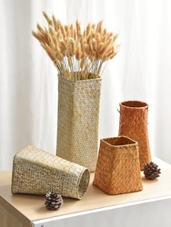 Rustic Bamboo Woven Vase, Dried Flower Woven Basket, Nordic Straw Woven Living Room Flower Arrangement, Rattan Woven Flower Pot, Handmade Rattan Woven Basket