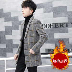 Autumn and winter men's plaid trench coat in the long hair coat Korean trend woolen woolen coat slim and cotton thick
