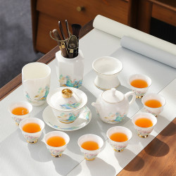 Jade Tea Set for Home Use in the Living Room, Suitable for Entertaining Guests, Light Luxury High-End Ceramic Kung Fu Tea Set with Gaiwan, Teacups, and Teapot