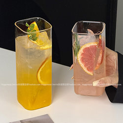 Casual Square Glass Cup for Home Use, Transparent Summer Juice Cup, Cold Drink Cup, ins Coffee Cup, Milk Cup, Drinking Cup