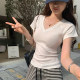 Unique niche V-neck front shoulder base shirt rasp shoulder short-sleeved T-shirt for women 2025 summer new slim slim top trendy