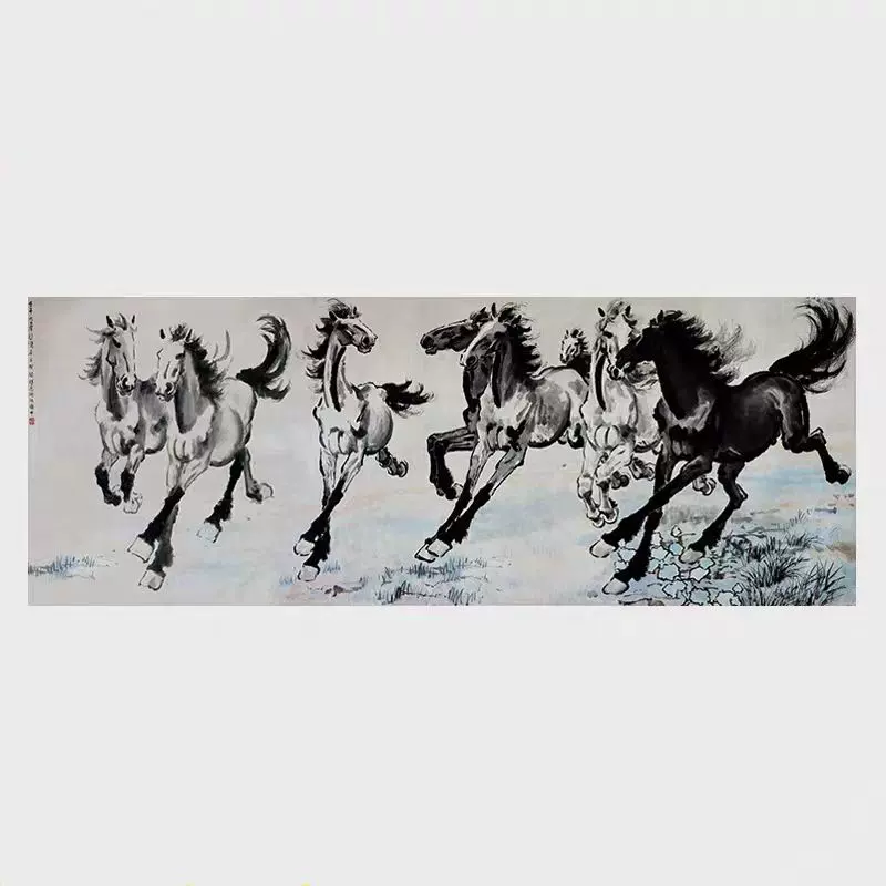 中国古美術 近代 徐悲鴻印款 駿馬画 水墨画 掛軸 宣紙 文房置物 純