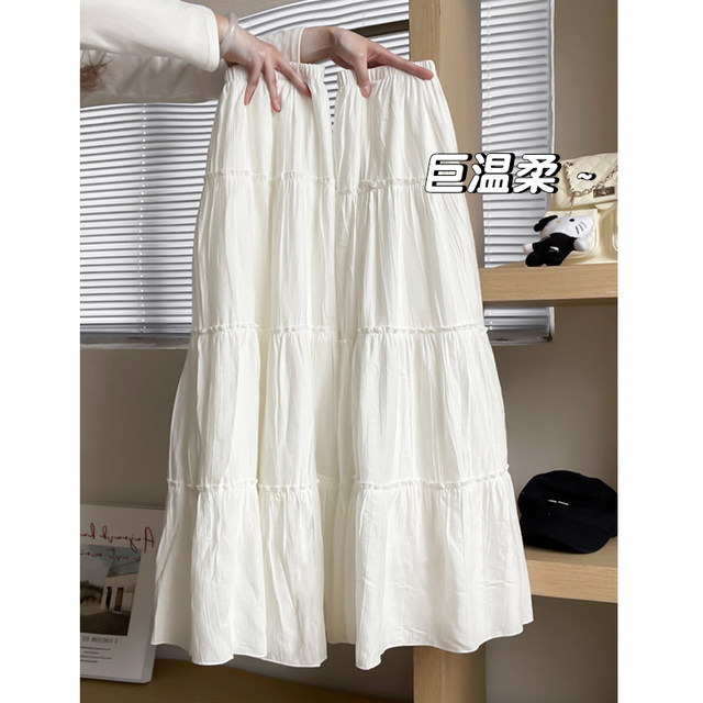White skirt for women 2025 new summer high-waisted large hem skirt pleated a-line umbrella skirt mid-length cake skirt
