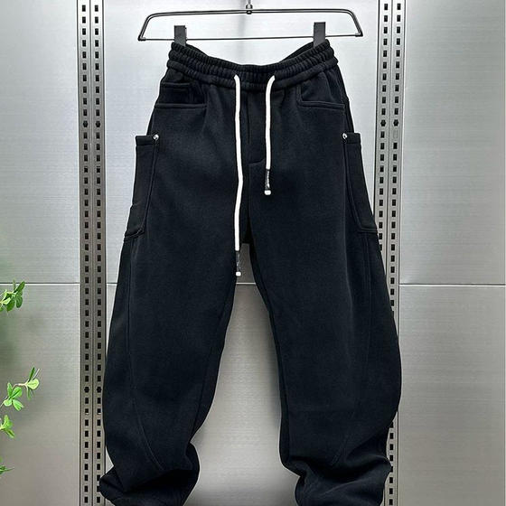 
Autumn and winter plus velvet straight scimitar pants solid color casual wide leg pants men's handsome big pocket 300*0.5kg trendy sports pants