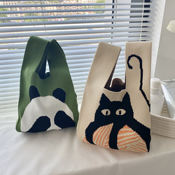 High-End Cat-Themed Color-Blocked Handmade Woven Bag, Korean Style Versatile Handbag, Commuter Lunch Box Bag, Tote Bag