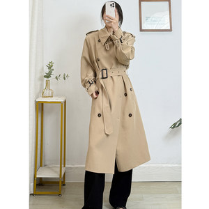 
Lazy and trendy old money style long loose silhouette single breasted lace-up trench coat