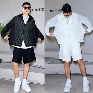 
Summer thin hollow mesh hooded cardigan casual suit couple sun protection long-sleeved jacket shorts two-piece set