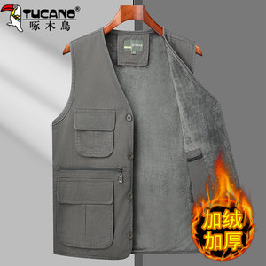 
Woodpecker pure cotton vest for men in autumn and winter plus velvet and thickened warm vest for middle-aged and elderly dads with multi-pockets outer vest