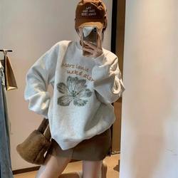 Pure Cotton American Retro Gray Hoodless Crewneck Sweatshirt for Women, Autumn and Winter Design, Niche, Lazy Style, Fleece-Lined and Thickened Top