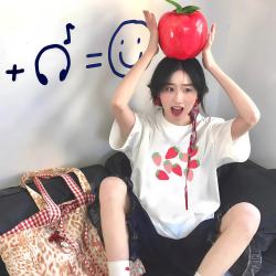 Pure Cotton White Strawberry Print Short-Sleeved T-Shirt for Women Summer Loose 2026 New Style Loose Sweet Style Versatile Top Ins